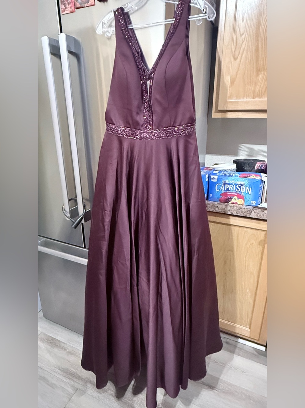 Beaded Waist Deep V-Neck Prom Dress in Plum